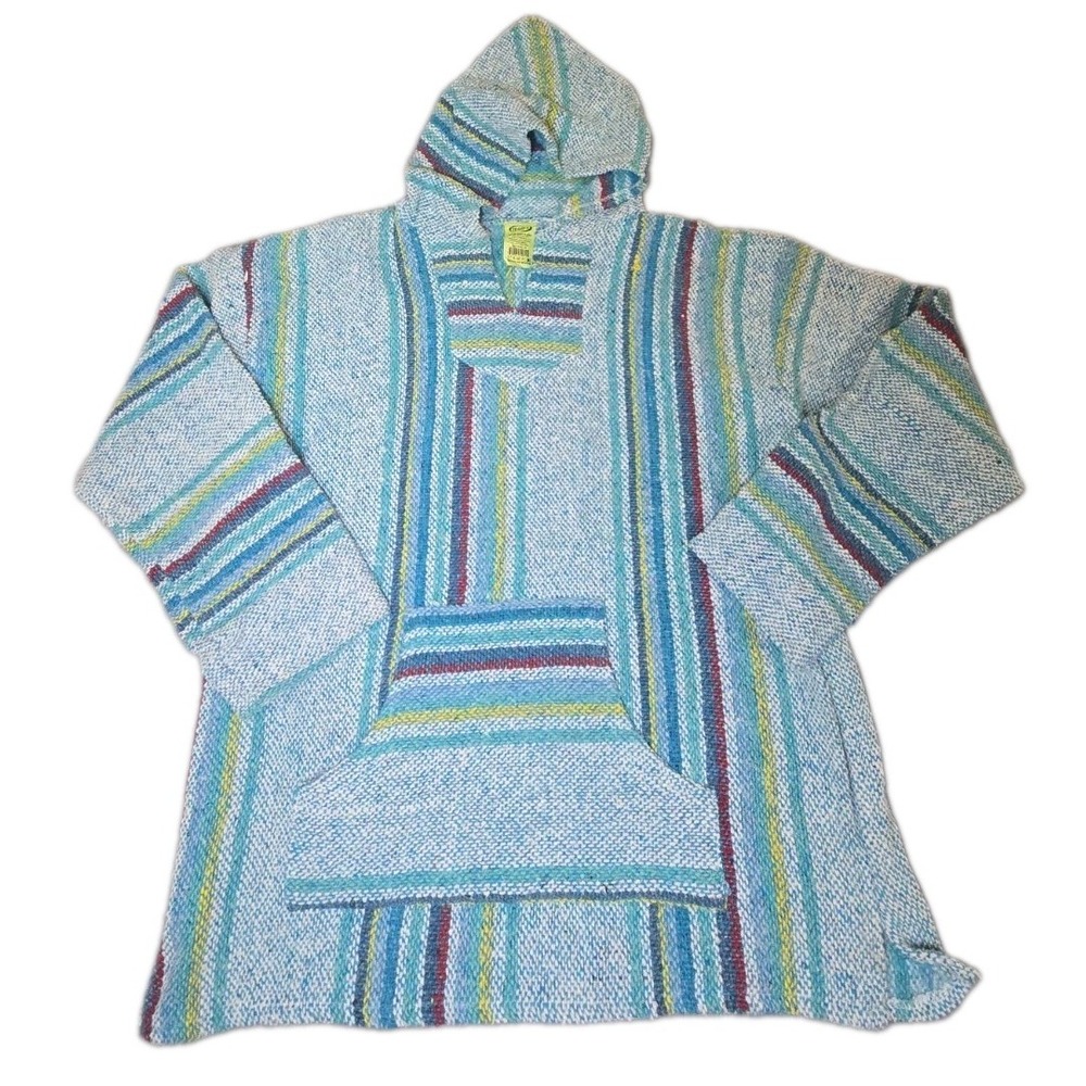 Vtg Franks Mexican Baja Hoodie Adult XL Blue Striped Woven Jerga Drug Rug Poncho